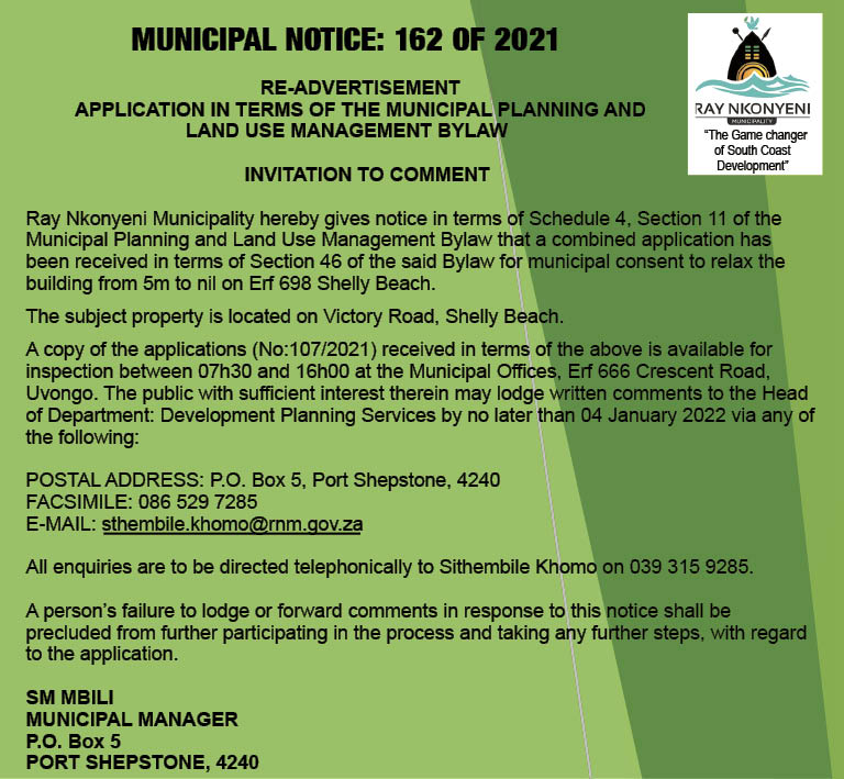 Ray Nkonyeni Municipality - Town Planning Notices